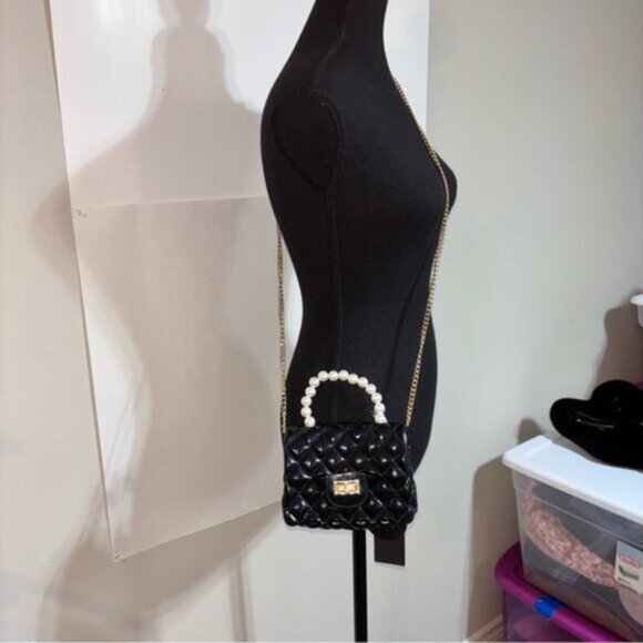 Deluxity Black Quilted Women's Bag Purse Mini Jelly PVC Pearl Handle Chain - Picture 2 of 10